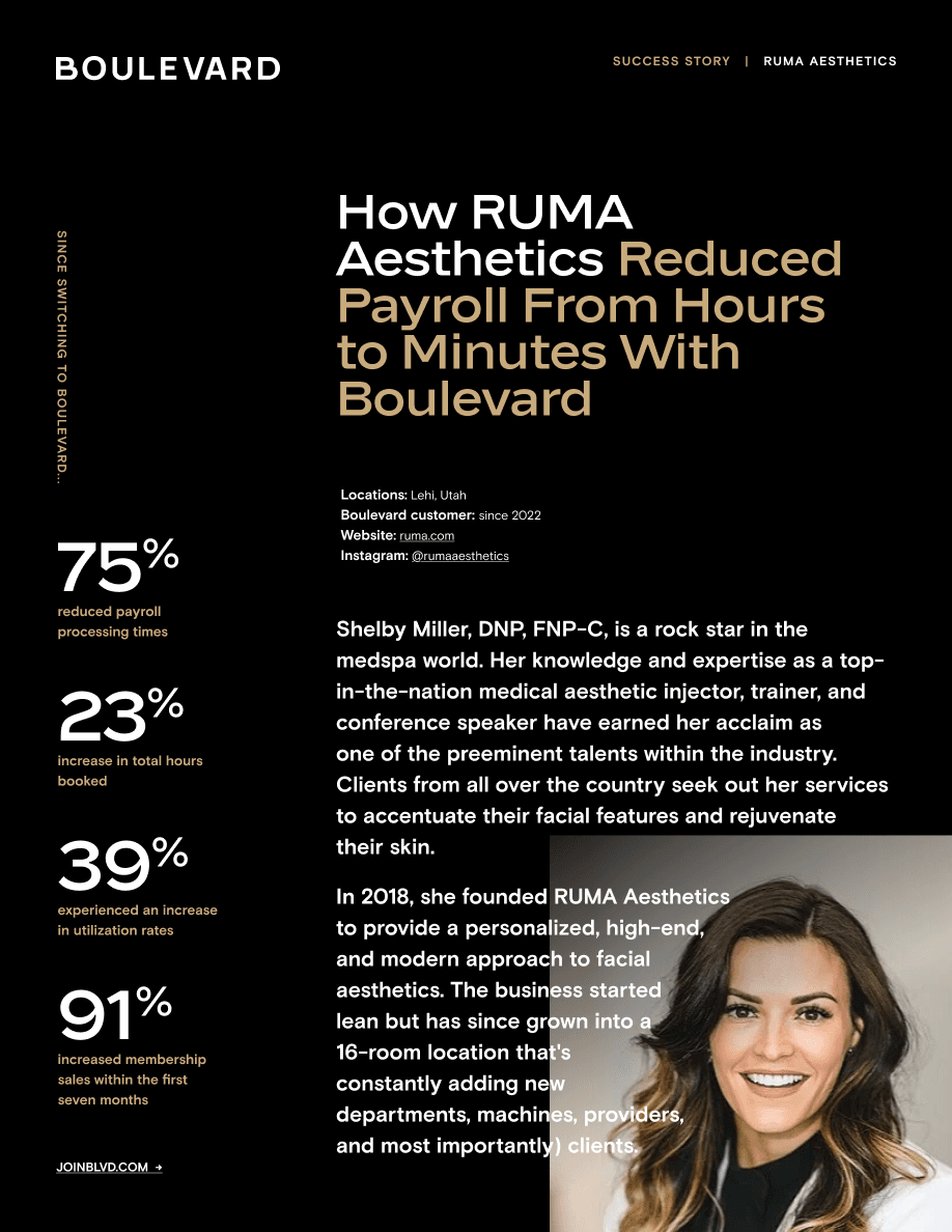 RUMA Aesthetic’s previous reporting and commissions payment system wasn’t cutting it. Learn how Boulevard helped cut payroll times from hours down to minutes.